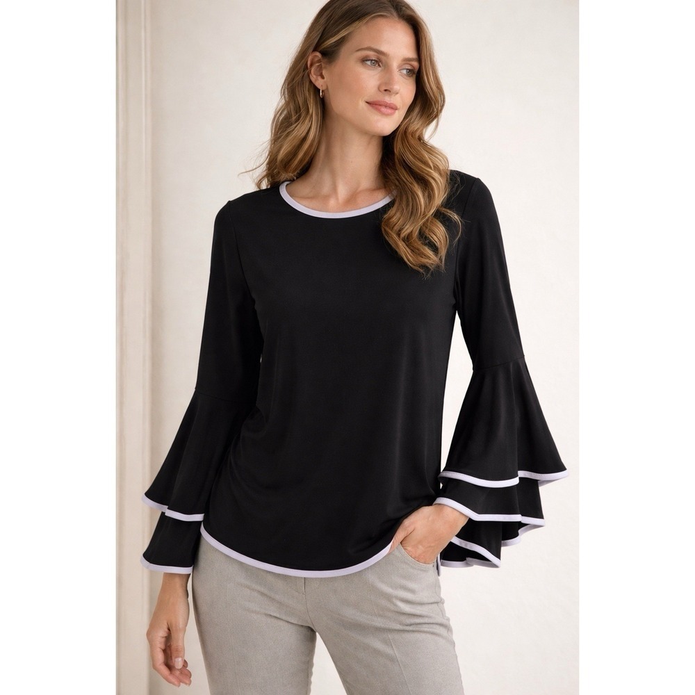 CHAUS NY Black Ruffle Bell Sleeve Workwear Blouse Womens Small Casual Career Top